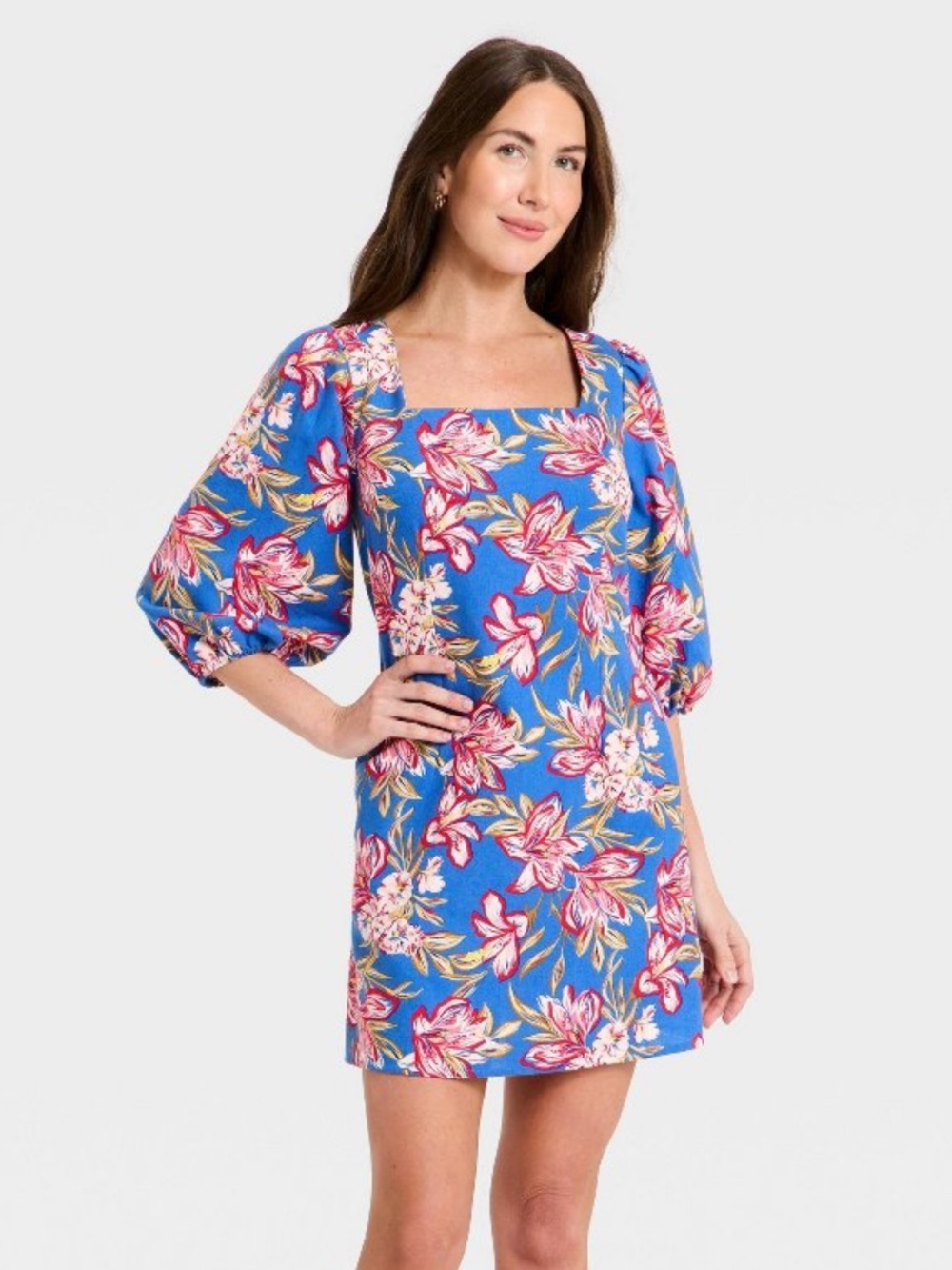 a new day Blue Floral Linen Square-Neck Puff Sleeve Mini Slip Dress NWT L